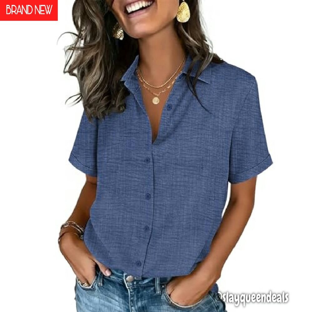 Short Sleeve Button Down Blouse - Soft Stretch Fa… - image 2